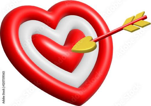 3d heart with cupid arrow illustration. Loving couple relationship concept, romantic love symbol.