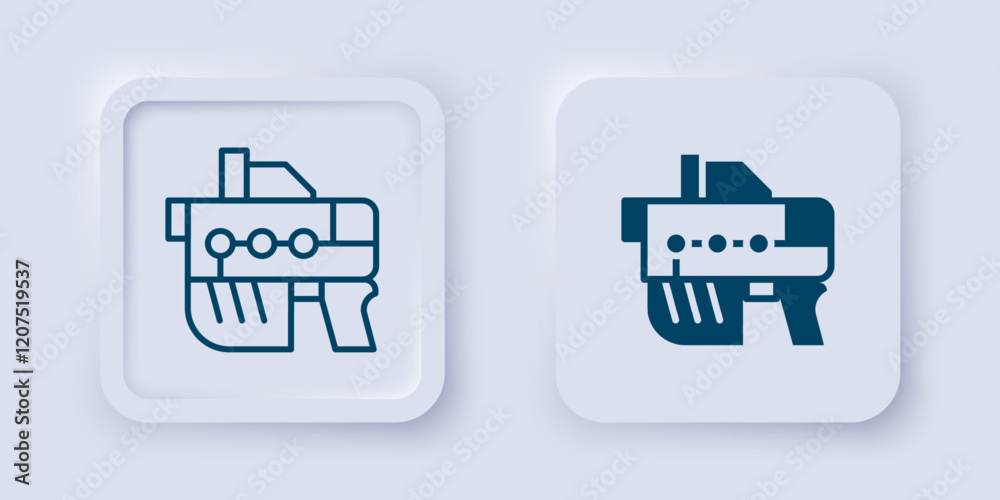 Filled and outline Futuristic space gun blaster icon isolated on grey background. Laser Handgun. Alien Weapon. Square button. Vector Filled and outline Futuristic space gun blaster icon isolated on grey background. Laser Handgun. Alien Weapon. Square button. Vector