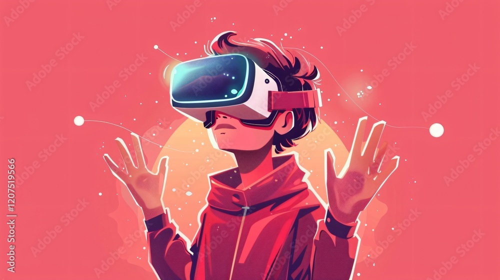 Immersive Virtual Reality Experience with Boy in VR Glasses Cartoon Immersive Virtual Reality Experience with Boy in VR Glasses Cartoon