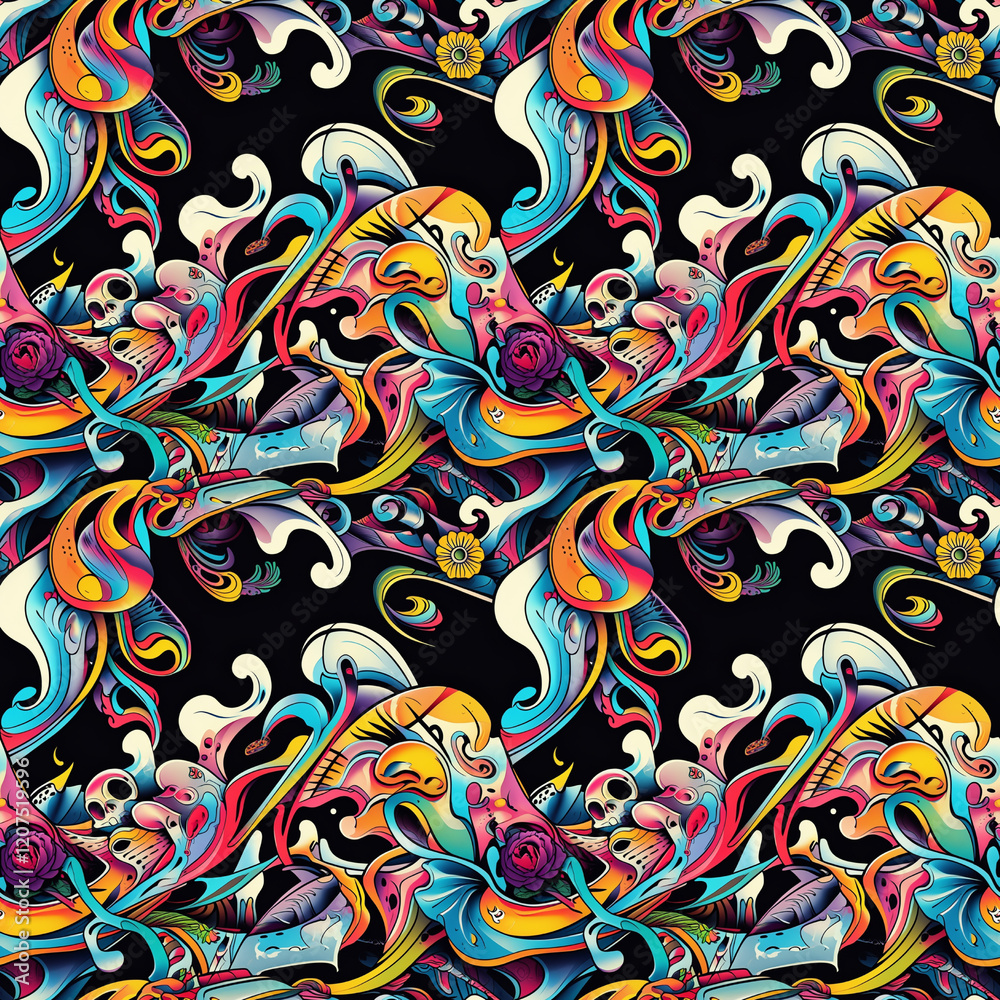 Curly hand painted seamless patterns with waves and abstract shapes, clean bold colors Curly hand painted seamless patterns with waves and abstract shapes, clean bold colors