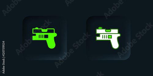 Green Futuristic space gun blaster icon isolated on black background. Laser Handgun. Alien Weapon. Black square button. Vector