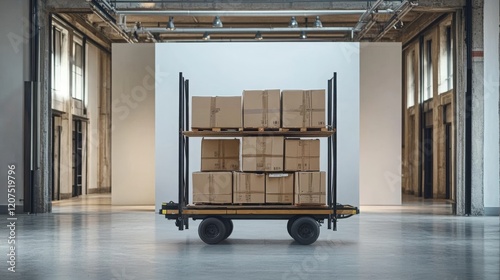 A trolley stacked with large boxes and supported by rigging systems in the background, with large empty space on the side for advertising, highlighting moving company equipment for heavy lifting photo