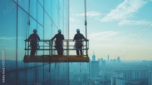 Two window washers working side by side on a suspended platform, cleaning the large glass facade of a high-rise building, with city buildings in the distance. photo