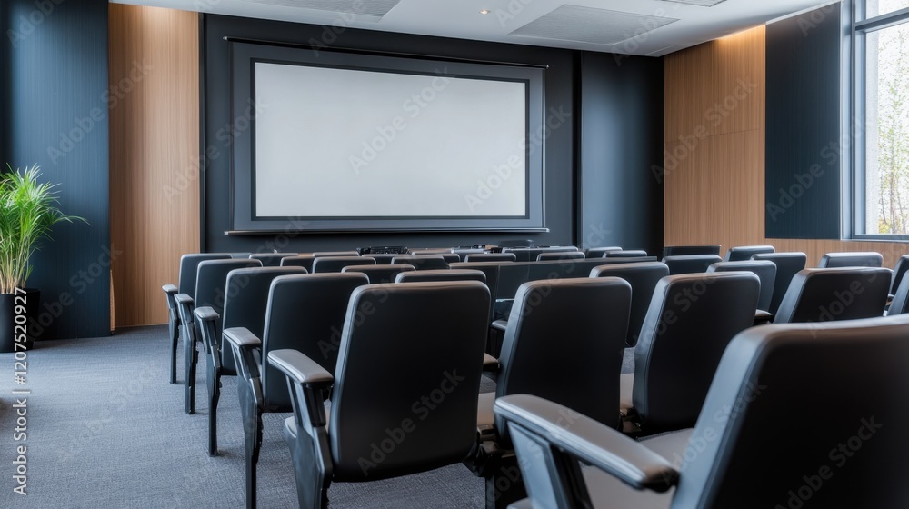 Modern Conference Room with Empty Seats and Blank Projector Screen Ready for Presentation or Meeting Modern Conference Room with Empty Seats and Blank Projector Screen Ready for Presentation or Meeting