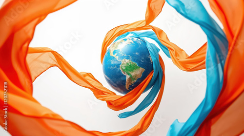 Fototapeta Naklejka Na Ścianę i Meble -  Orange and light blue ribbons wrapping around planet earth on white background