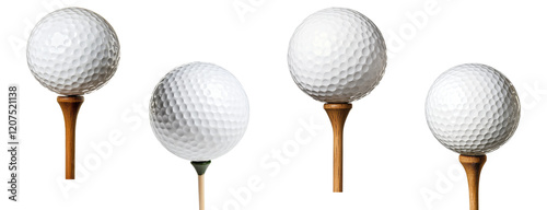 Set of golf balls on wooden tees, realistic textures, isolated on transparent background