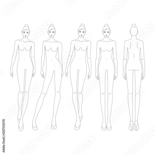 Five female line technical drawing croquis for flat fashion sketches and cads. 9 head vector mannequin design with seams. Catwalk fashion figures