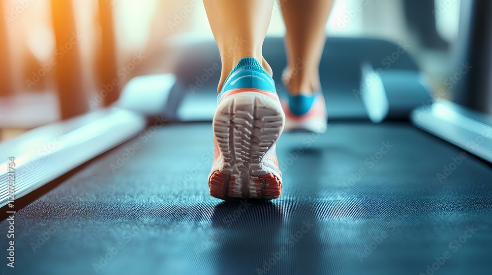 Fototapeta premium Woman running on treadmill, gym background, fitness workout