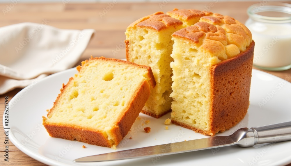 Sponge cake slice showcasing smooth knife cut on white plate, dessert delight Sponge cake slice showcasing smooth knife cut on white plate, dessert delight