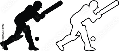 Player playing cricket action pose icon set black line and flat championship vector collection isolated on transparent background. Related to the game of cricket with various element bowler fielder