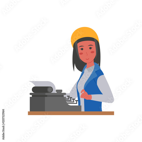 Typewriter,  Women Career Flat Vector Illustration