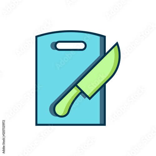 Filled outline Cutting board and knife icon isolated on white background. Chopping Board symbol. Cutlery symbol. Flat filled outline style with shadow. Vector