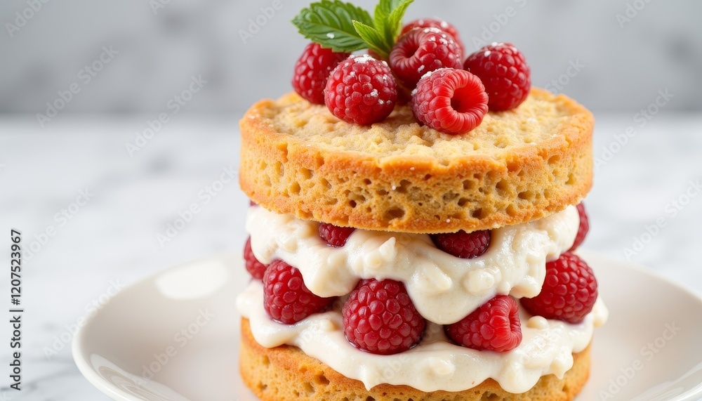 Delicious sponge cake layered with raspberries and cream, dessert delight Delicious sponge cake layered with raspberries and cream, dessert delight