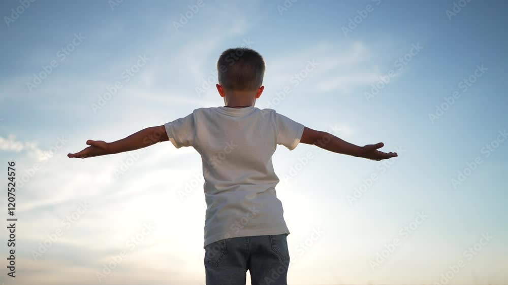 Child expressing faith outdoors. Peaceful child embraces religion with open arms. Back view displaying faith. Kid moment spiritual connection. Faithful child nature serenity. Child symbolizes religion Child expressing faith outdoors. Peaceful child embraces religion with open arms. Back view displaying faith. Kid moment spiritual connection. Faithful child nature serenity. Child symbolizes religion