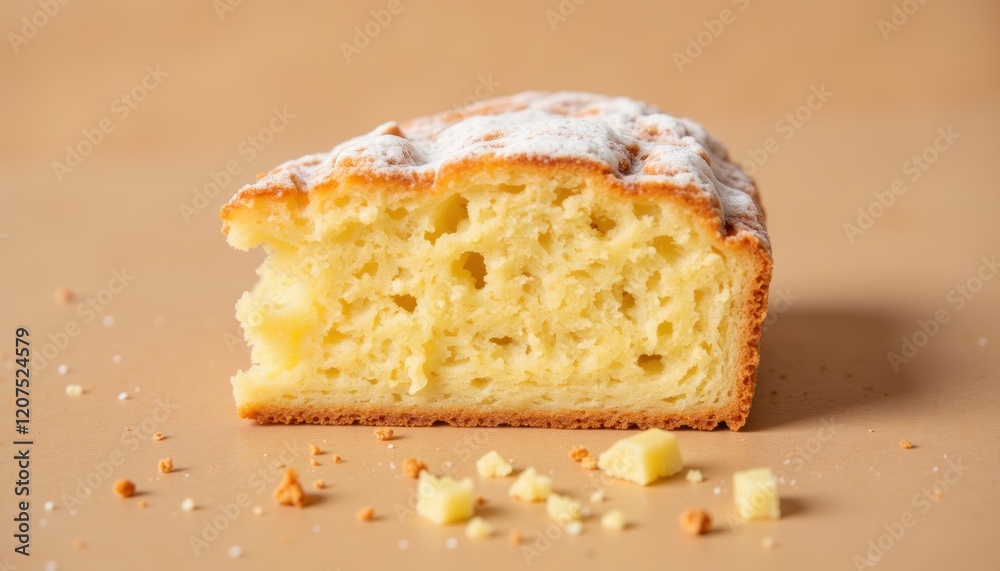 Close-up of golden sponge cake texture with crumbs, culinary delight Close-up of golden sponge cake texture with crumbs, culinary delight