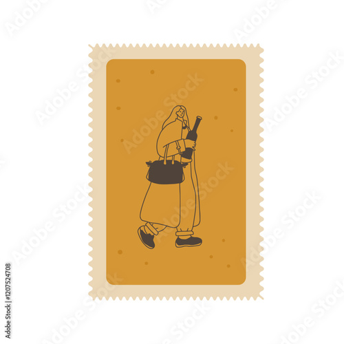 Wine lover on postal stamp. Customer buys beverage square zigzag edges emblem. Party with alcohol drinks. Woman with bottle. Vector hand drawn doodle illustration.