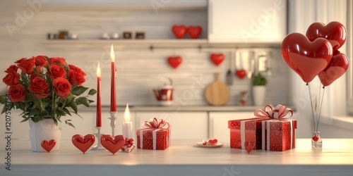 Festive Valentine's Day kitchen scene featuring vibrant red roses, gift boxes, candles, and heart-shaped balloons photo