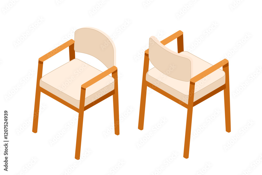 Set of two Isometric modern wooden chairs with armrests. Perfect for furniture catalogs, interior design, or home decor visuals. Vector illustration isolated on white background Set of two Isometric modern wooden chairs with armrests. Perfect for furniture catalogs, interior design, or home decor visuals. Vector illustration isolated on white background