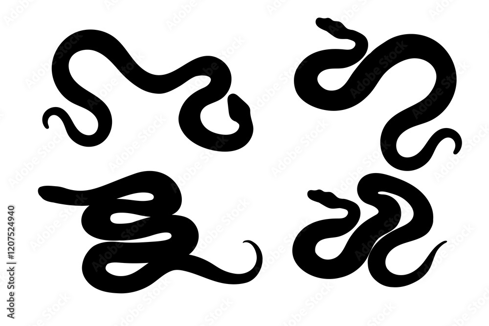 Collection Black silhouettes of snakes in various coiled and slithering shapes. Great for logo design, wildlife visuals, or minimalistic projects. Vector illustration isolated on white background Collection Black silhouettes of snakes in various coiled and slithering shapes. Great for logo design, wildlife visuals, or minimalistic projects. Vector illustration isolated on white background