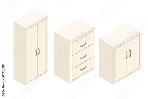 Isometric cabinets and drawers in white tones. Set of beige office or home furniture. Vector illustration isolated on white background