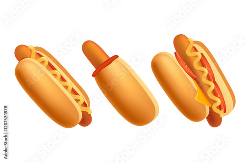 Tasty corn dogs, hot dogs. Great for fast food menus, snack promotions, for food packaging. Vector illustration isolated on white background