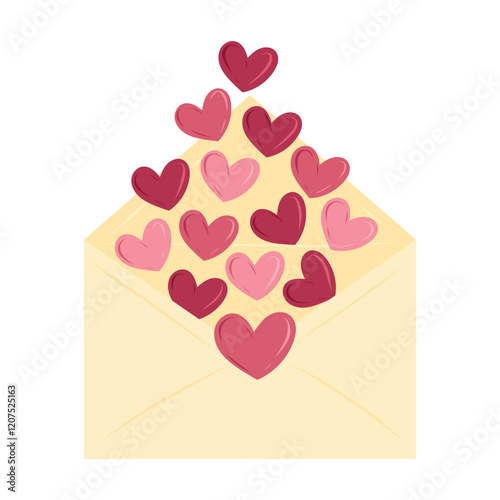 Opened craft paper envelope with red hearts inside isolated on white background. Hand drawn vector illustration in flat style. Love letter icon, message, Valentines Day greeting card