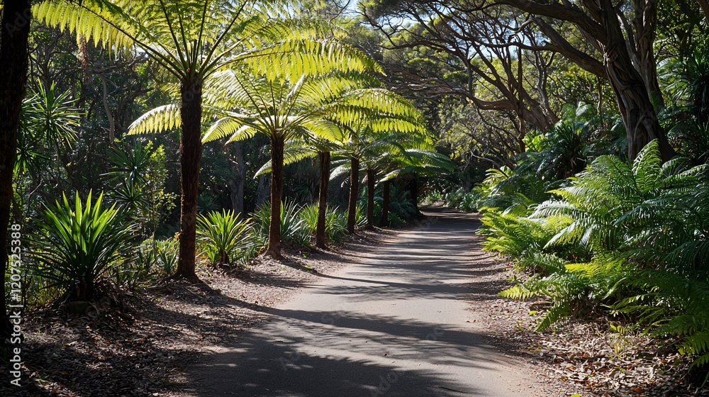 Sunlit path through lush fern grove. Sunlit path through lush fern grove.