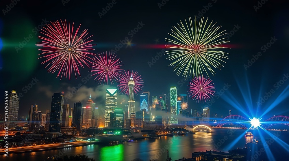 Obraz premium Fireworks Over the Ocean | Palms Silhouetted Against Fireworks | Nighttime Beach Party | high resolution 300 DPI image