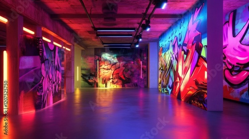 Vibrant Graffiti Art Gallery Interior with Neon Lights