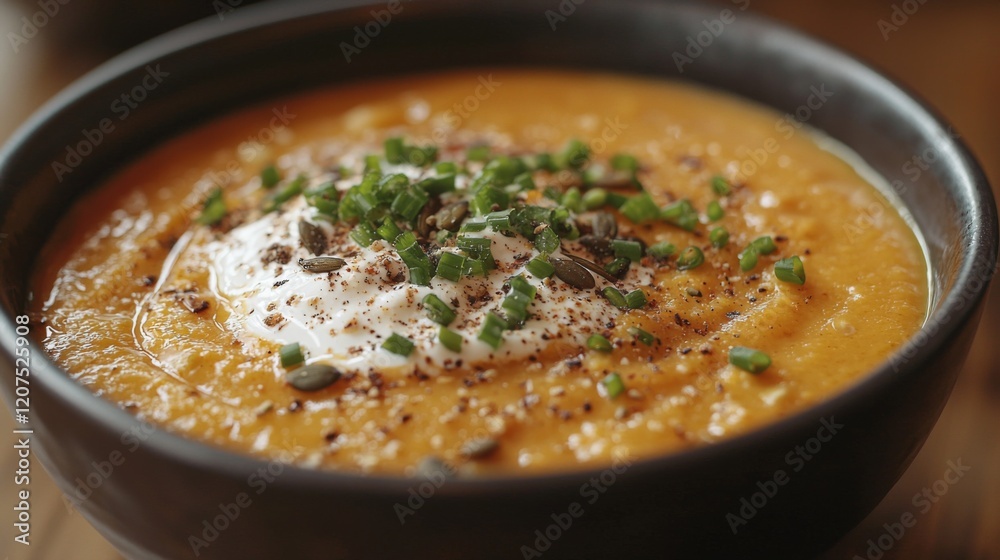 Photorealistic closeup image of creamy pumpkin soup on wooden table Photorealistic closeup image of creamy pumpkin soup on wooden table