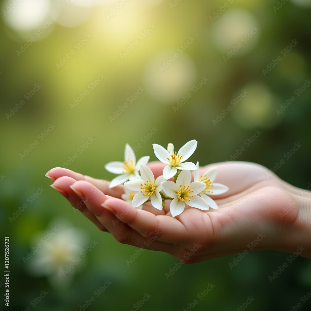 White frangipani flowers held in hand outdoors White frangipani flowers held in hand outdoors