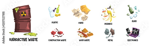 Garbage Sorting with Type of Waste Material Vector Set