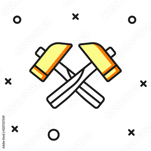 Filled outline Crossed hammer icon isolated on white background. Tool for repair. Flat filled outline style with shadow. Vector