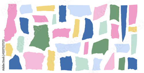 Set of torn papers. Tear sheet pieces pack. Blanks with uneven textured edges. Newspapers cutouts. Empty colorful stylized callouts figures for text. Vector hand drawn collection geometric shapes.