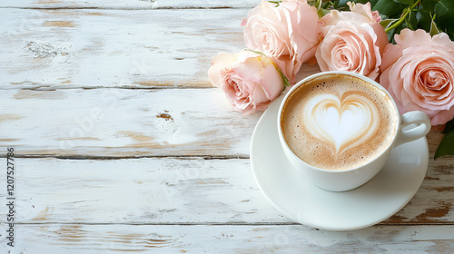 Hot coffee cafe latte with latte art in a white cup on a rustic white wooden table with pale pink roses and copyspace, Cafe latte and roses for valentine or mother's day romantic concept, AI generated