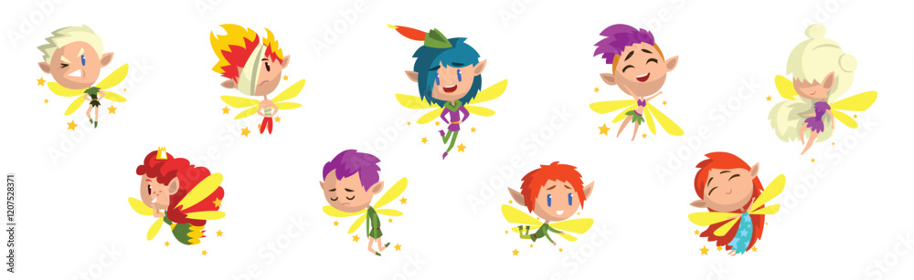 Cute Pixie Magical Creature Flying with Wings Vector Set Cute Pixie Magical Creature Flying with Wings Vector Set