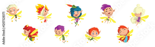 Cute Pixie Magical Creature Flying with Wings Vector Set