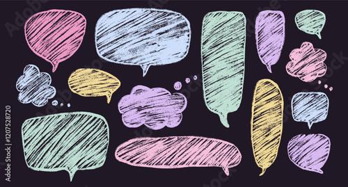Speech bubbles set. Crayon doodle text clouds. Chat dialog boxes. Comic talk textboxes by chalk or pencil isolated on dark background. Childish style quotation balloon. Vector hand drawn illustration.