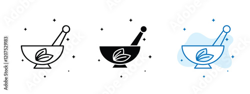 Set of 3 Herbal home remedies icons with 1 line icon, 1 silhouette and 1 unexpanded vector inside - natural themed leaves mortar and pestle herbal elements wellness alternative medicine and organic
