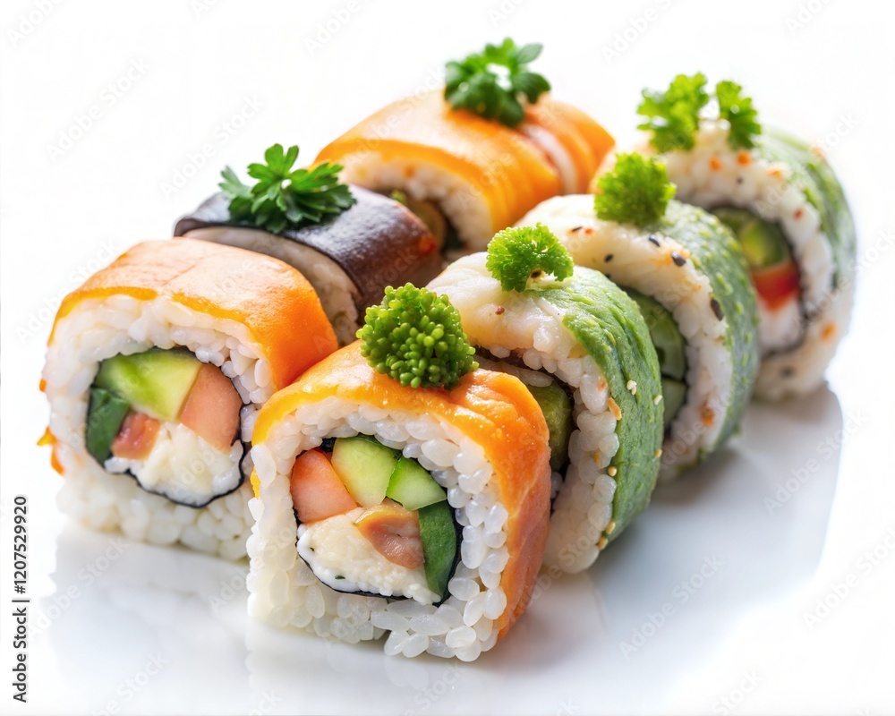 Sushi with salmon on a white background.