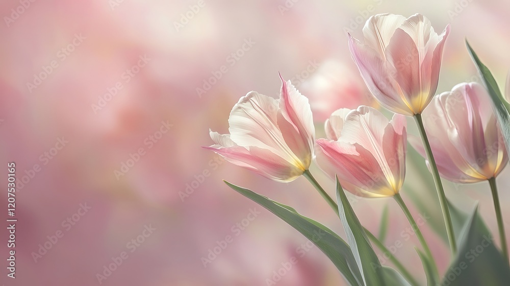 Delicate fresh tulips on a soft pink background. Elegant spring banner for International Women's Day or Mother's Day, with space for your message. Delicate fresh tulips on a soft pink background. Elegant spring banner for International Women's Day or Mother's Day, with space for your message.