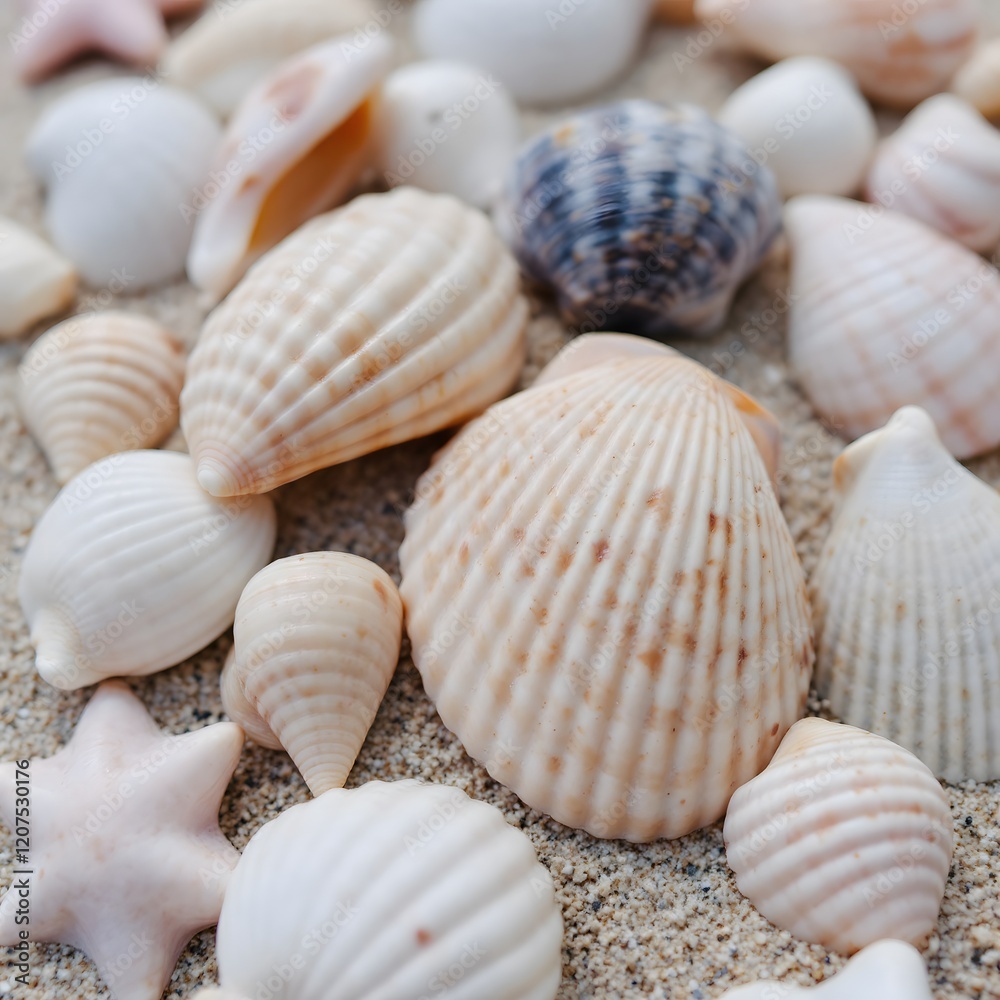 Assorted Seashells on Beach Sand Detail View Macro Close Up Still Life Assorted Seashells on Beach Sand Detail View Macro Close Up Still Life