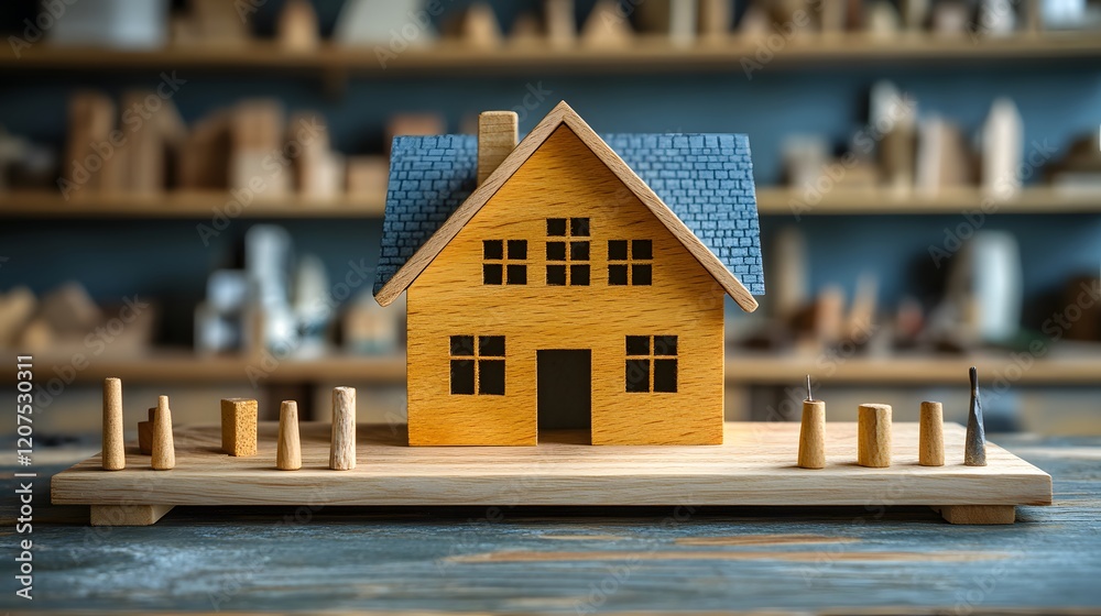 Close-up of architectural tools and wooden model house on a desk in a professional office, Close-up of architectural tools and wooden model house on a desk in a professional office,