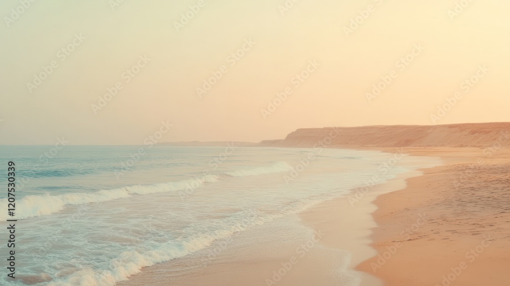 Calm ocean waves gently meet the sandy shore under a serene hazy sky Calm ocean waves gently meet the sandy shore under a serene hazy sky