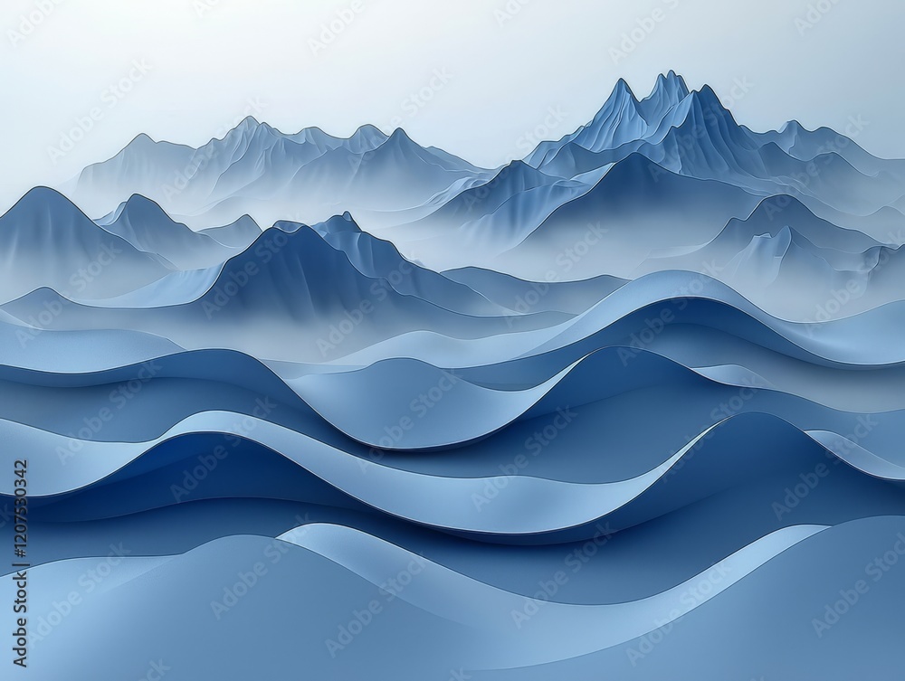 Fototapeta premium In a surreal setting, a 3D abstract landscape of misty mountains with reflective, shimmering surfaces creates a tranquil and wondrous scene