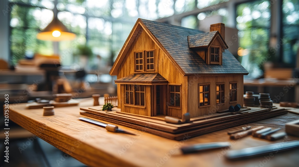 Close-up of architectural tools and wooden model house on a desk in a professional office, Close-up of architectural tools and wooden model house on a desk in a professional office,