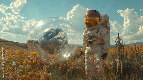 In a golden meadow, an isolated astronaut, clad in a white spacesuit and equipped with a clear helmet, stares up at a reflective orb in the sky, with the sun shining brightly above photo