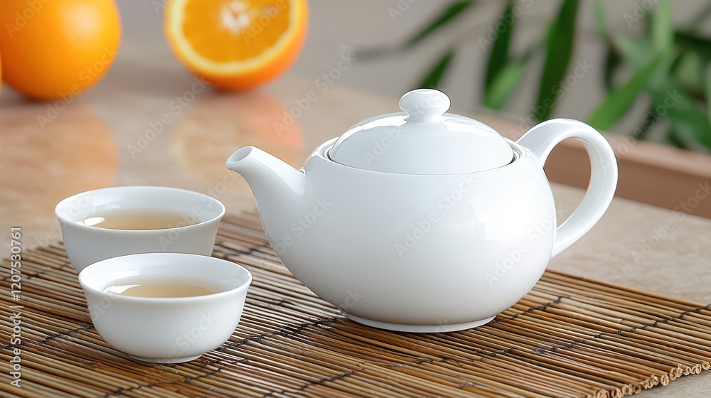 Tea brewing process white porcelain teapot and cups on bamboo mat with sliced oranges Tea brewing process white porcelain teapot and cups on bamboo mat with sliced oranges