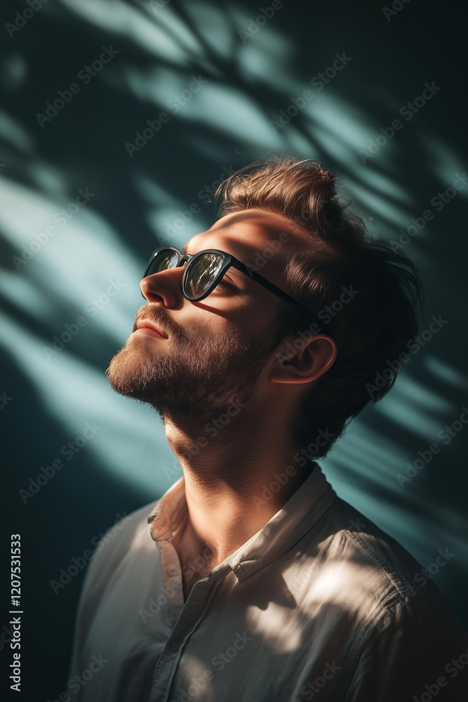 Fototapeta premium photo of a man with a beard and sunglasses tilting his head upwards, illuminated by dynamic lighting casting natural leaf-shaped shadows on a teal background 