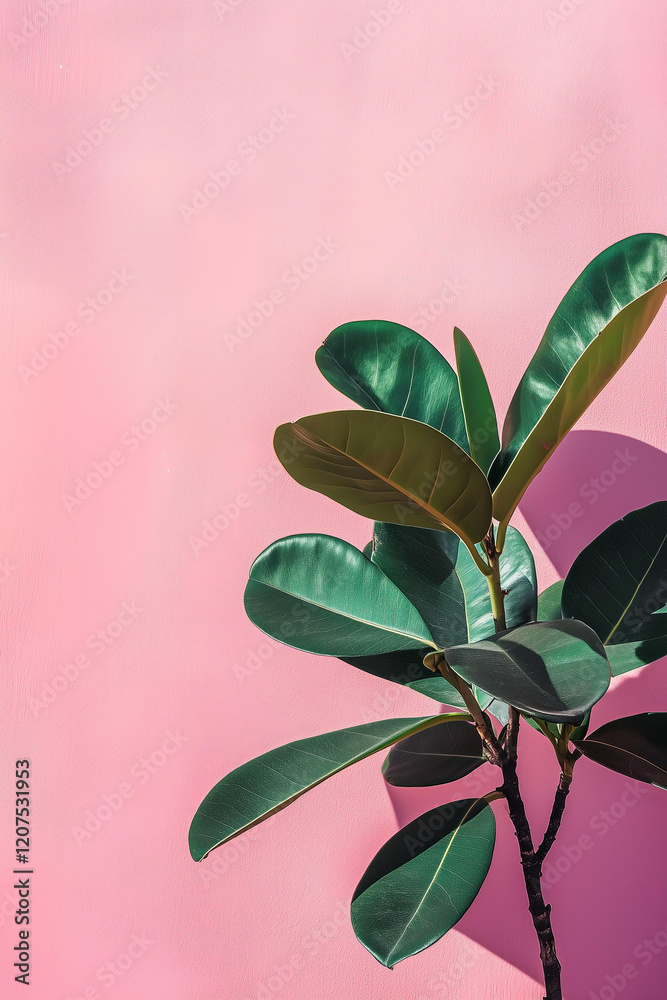 Obraz premium photo of a rubber plant branch with glossy green leaves, vibrant pink background creating a striking contrast, dynamic lighting casting soft shadows and emphasizing the texture of the leaves 